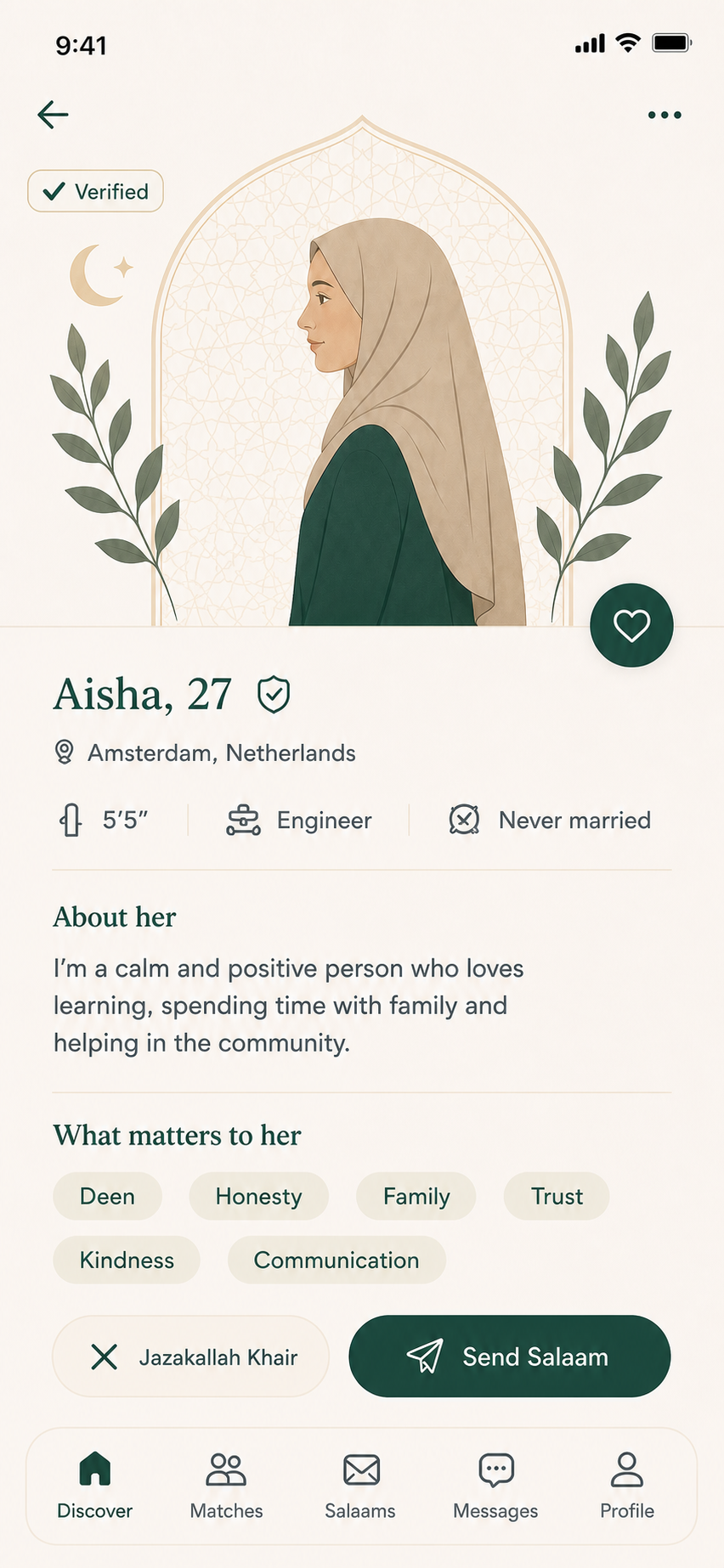 Match-profielscherm — volledige details naast het gesprek